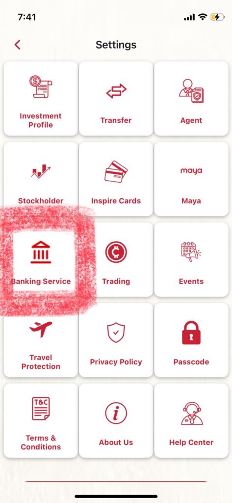 インスパイアウオレットアプリメニューからバンキングサービスを選択