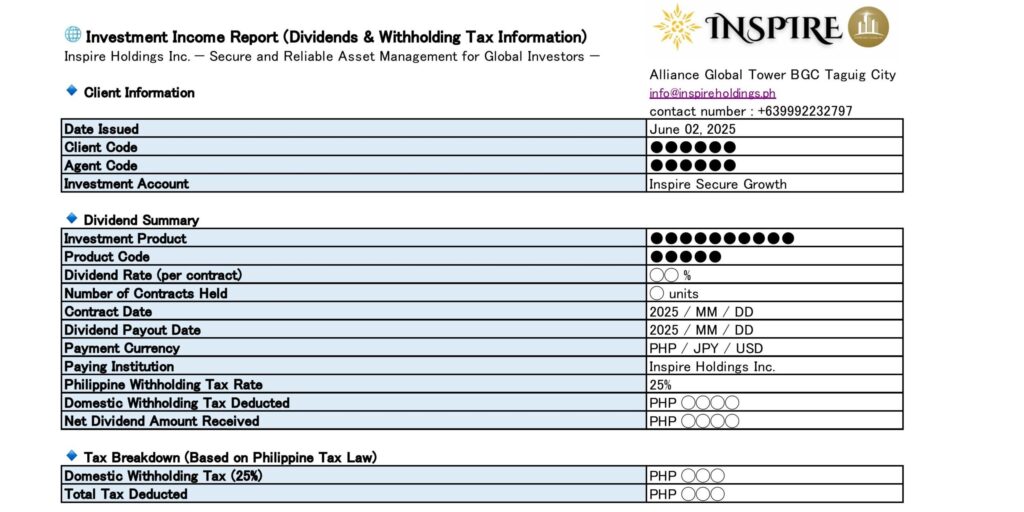 インスパイア社発行の支払い証明書の例